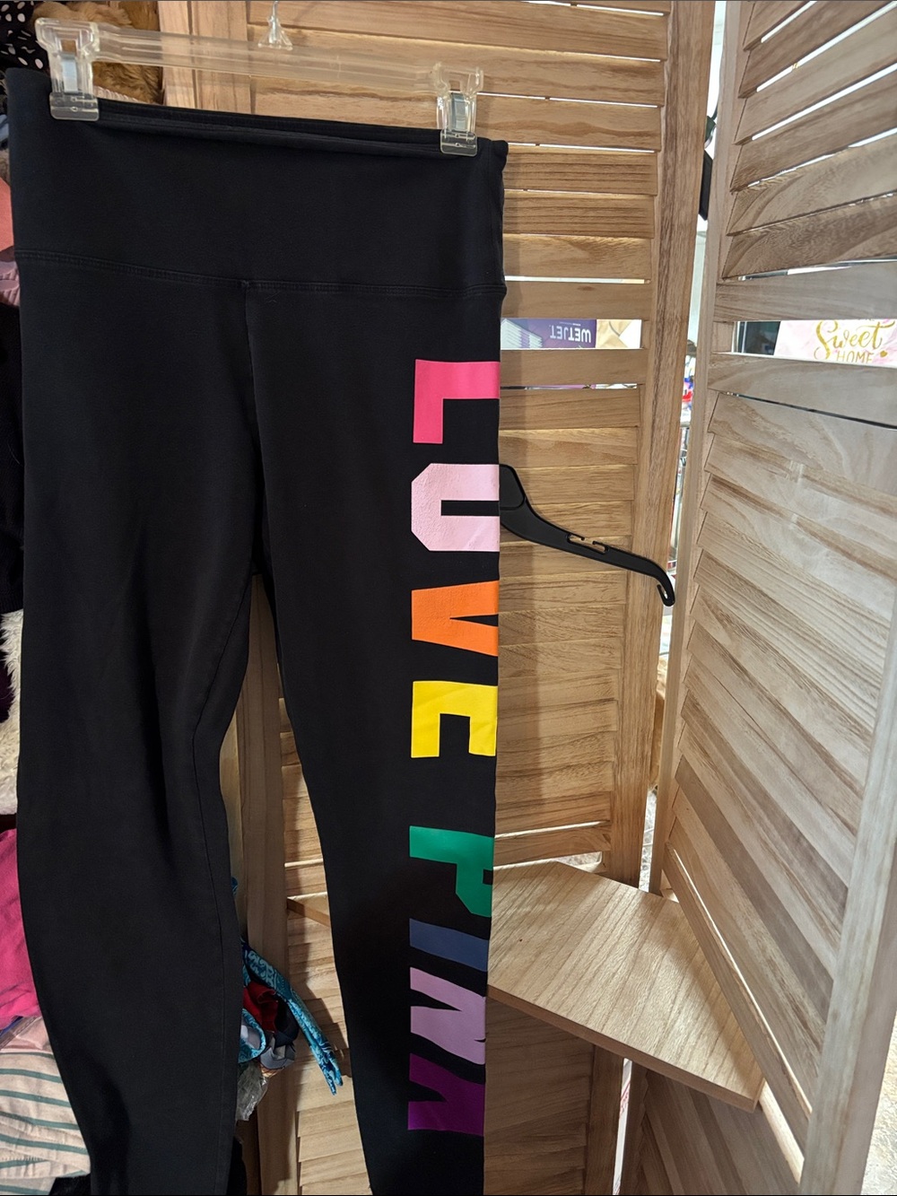 PINK Victoria's Secret Black Leggings with Rainbow LOVE Side Print Large